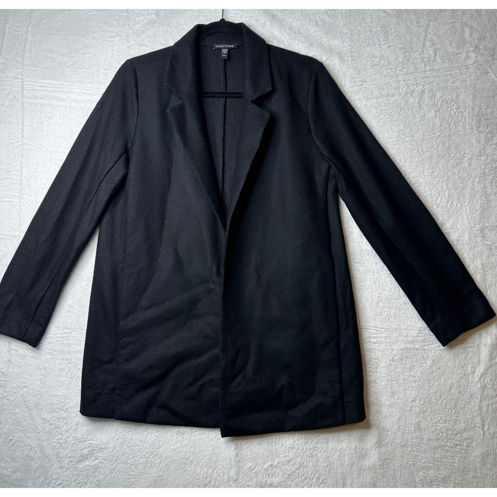 Eileen Fisher Coat Women Petite Small Black 100% Wool Open Front Notched Lapel